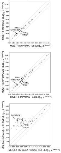 Figure 5 There is no significant difference in expression of mRNA from 86 NFκB driven genes in MOLT-4 cells stably transduced with shPromA, shPromA-M2 or shPromA-Sc. (A) Scatter plot of a log transformation of the relative expression of each gene (2 delta-Ct) comparing MOLT-4 expressing shPromA and MOLT-4 expressing shPromA-Sc. cDNA was synthesized from extracted RNA, followed by Real-Time PCR analysis. There was no significant difference in induction of NFκB driven genes by shPromA in MOLT-4 cells. (B) Scatter plot of a log transformation of the relative expression of each gene (2delta-Ct) between MOLT-4 expressing shPromA-M2 cells and MOLT-4 expressing shPromA-Sc cells. (C) Scatter plot of a log transformation of the relative expression of each gene (2delta-Ct) between TNFα stimulated MOLT-4 expressing shPromA cells and un-stimulated MOLT-4 shPromA cells. RNA was extracted 6 hours post stimulation for analysis. Most of NFκB driven genes were activated by TNFα stimulation. Plots for IFNα1, β1, γ, TNFRSF10A are indicated by arrows. The parallel two lines indicate a two-fold change in gene expression threshold. The mean of the triplicate experiments of each gene was used for this analysis.