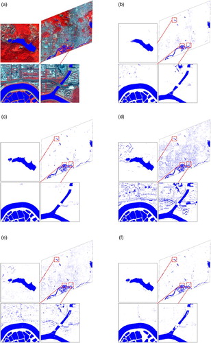 Figure 4. Results of water extraction for Shenzhen WorldView-2 data set: (a) false color image (8, 3, and 2) overlaid with ground truth reference; (b) NDWI; (c) proposed method; (d) MLC; (e) SVM; and (f) SVM-MSI.