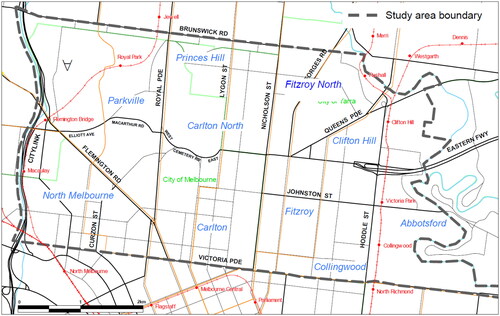 Figure 2. The geographically constrained study area of the Northern Central City Corridor Strategy Draft (Department of Infrastructure Citation2003, 2). © State of Victoria, under the Creative Commons Attribution 4.0 Licence http://creativecommons.org/licenses/by/4.0/