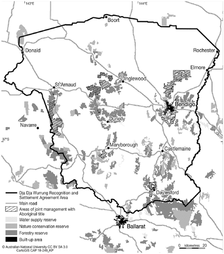 Figure 1. A map of the Dja Dja wurrung recognition and settlement agreement area in central Victoria, Australia (approx. 36°06ʹ S to 37°30ʹ S; 142°58ʹ E to 144°41ʹ E). Source: Karina Pelling, accessed in March 2022 from the Australian National University.