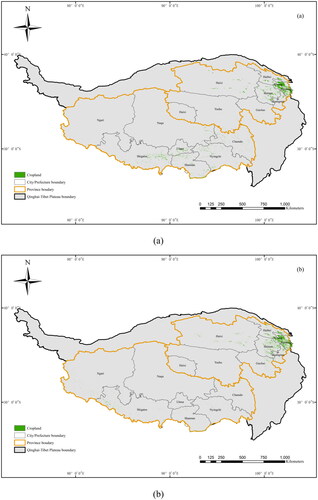 Figure 7. The spatial distribution of two released land cover datasets in 2020. (a) cropland layer derived from (Chen et al. Citation2015); (b) cropland layer derived from (Zhang et al. Citation2020).