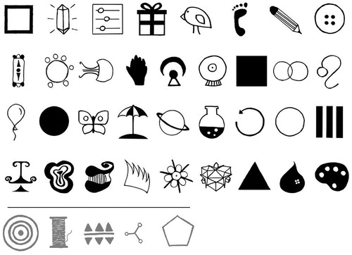 Figure 3. The 35 symbols used in the game (first four rows). Bottom row, in grey: the five symbols used for the tutorial and for advertising the game. Players were given a random set of 10 symbols at the start and could unlock the full set of 35 symbols by successfully playing the game. Figure adapted with permission from Morin et al. (Citation2020).