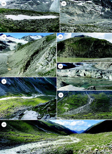 Figure 5. (a) Partly snow covered block field in the vicinity of the Kürsinger Hütte (view to south, 16.08.2009); (b) meltwater channel eroding an esker with large boulders dumped on top in the forefield area of the Venediger and Sulzbachkees (view to south, 16.08.2009); (c) paraglacial reworking and till slope modification at the Venedigerkees (view to south-west, 15.08.2009); (d) the proglacial lake in front of the Obersulzbachkees with a till slope incised by debris flows (view to north, 17.08.2009); (e) glacifluvial outwash sands at an ice proximal location of the Obersulzbachkees (view to south, 17.08.2009); (f) the western slope of the main valley with the Obersulzbach stream, moraine deposits in the valley floor are completely vegetated and active reworking by debris flows, avalanches and linear erosion along the tributaries is indicated by fresh deposit surfaces on the slope, sediment is transferred into the valley floor but hillslope-channel coupling is not observed (view to west, 18.08.2009); (g) gully incised till slope with subsequent coalescing debris cones (view to south-west, 18.08.2009); (h) lower part of the main valley floor with the Obersulzbach stream being the dominant path of sediment output, note the vegetated and stable channel banks (view to north-east, 18.08.2009).