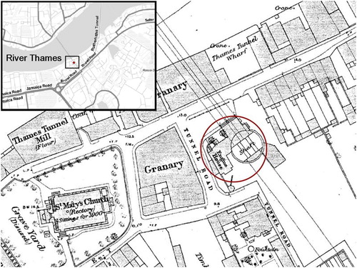 Figure 1. Historic 1:2500 Ordnance Survey mapping depicting the location of the Grand Entrance on the south bank of the River Thames in London (© Crown Copyright and Database Right 2017. Ordnance Survey (Digimap Licence)).