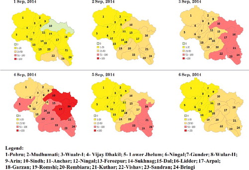 Figure 3. Spatial variation in rainfall for Jhelum basin between 1 and 6 September 2014 (Source: TRMM data). Rainfall categories: 0 (green), 1–20 mm (yellow), 21–50 mm (light brown), 51–100 mm (pink) and more than 100 mm (red colour). To view this figure in colour, please see the online version of the journal.