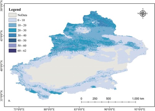 Figure 8. Spatial distribution of average SD in Xinjiang’ winter from 2011 to 2019.