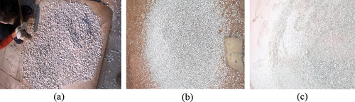 Figure 1. The different types of granite waste: (a) the granite waste of Baotianman Stone Co., LTD.;(b) the small gravel with a diameter between 5mm to 10mm;(c) granite powder.
