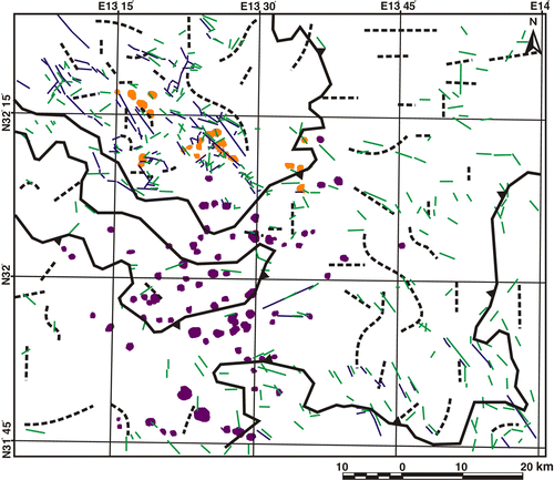 Figure 12.  Basin trending NE. The estimated depth of faults ranges from 2.5 to 7.5 km. The borders of the basin are in black solid lines, based on the results of horizontal gradient, tilt derivative and Euler deconvolution. Dashed black lines indicate the interpreted faults from gravity data. Solid blue lines are the faults from the geological map. Solid green lines are the lineaments from the satellite image. Violet spots are basalt cones, and orange spots are phonolite intrusions. (Available in colour online).