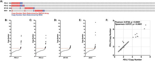 Figure 1. Copy number gains of PD-L1, PD-L2, B7-H3, and IDO1 in osteosarcoma specimens. (A) Graphical depiction of PD-L1, PD-L2, B7-H3, and IDO1 copy number gains in 215 osteosarcoma specimens. Red bars = copy number detected by SNP6.0 arrays; blue bars = copy number determined by whole genome sequencing. (B-E) DNA copy number distribution of (B) PD-L1, (C) PD-L2, (D) B7-H3, and (E) IDO1 in osteosarcoma specimens where black dots indicate individual specimens with copy number values above threshold (2.7 copies; dotted red line). (F) DNA copy number scatter plot for PD-L1 and PD-L2. Statistical significance (p ≤ 0.05) determined using both Spearman and Pearson correlation tests.