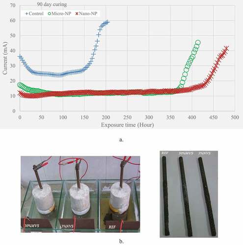 Figure 8. Typical curves of current versus the exposure time (a), with macrographs of RC specimens that suffered a chloride attack, (b, left) and photograph of corroded rebars after being removed from the RC specimens and cleaned of the corrosion products (b, right)