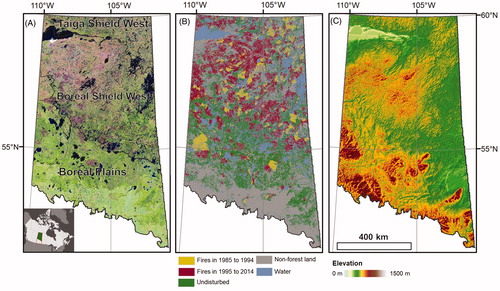 Figure 1. (A) Study area in Saskatchewan, Canada, shown with false color (Red: shortwave infrared band, Green: infrared band, Blue: red band) Landsat best-available-pixel (BAP) composite relating 2015 conditions overlaid with forested ecozones. Inset map displays its location in Canada. (B) Spatial distribution of burned forests in 1985 to 1994 and 1995 to 2014 (the latter period was used to build the burn probability model) detected from Landsat time-series data in relation to unburned forests over the 1985 to 2014 period. (C) Topography of the study area. (For interpretation of the references to color in this figure legend, the reader is referred to the online version of this article.)