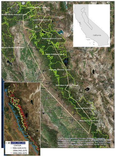 Figure 1. Map of the study area in California. The yellow polygon represents the spatial extent of the study, while the hashed boxes represent the footprint of the Landsat 8 OLI imagery. The green polygons represent the boundary of the national forests in the region. The lower inset shows the elevation contours (blue:500 m; yellow:1500 m; and red:2000 m). For full colour versions of the figures in this paper, please see the online version.