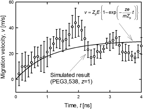 Figure 3. Time variation of electrical velocity of singly charged PEG3,538. Open circle and solid line represents the simulation result and the theoretical velocity.