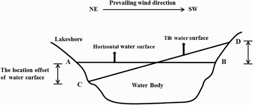 Figure 8. Profile of water surface change in ancient Lop Nur Lake along the prevailing wind direction (from the northeast (NE) to southwest (SW)). AB and CD is the initial and tilt water surface location when the wind blows, respectively.