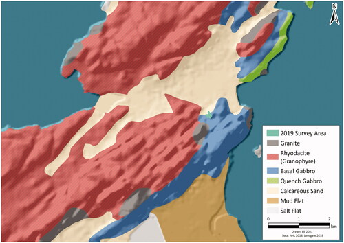 Figure 21. Geological base map of Nganjarli surrounds (from Donaldson Citation2011). Three artefact source types occur within 300m (gabbro, rhyodacite and andesitic basalt), with two sediment-dominated lithologies.