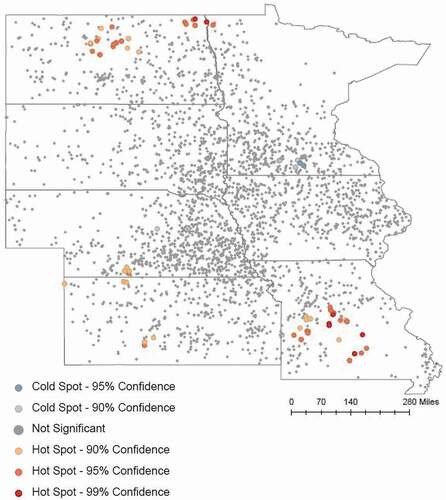 Figure 2. Hotspot analysis- Rate of respiratory conditions in central states. This figure was generated using the Getis-ord hotspot analysis method. Each dot represents a farm (up to 3 operators), and the clustering is based on the rate of respiratory conditions per farm to identify the hot spot (vulnerable to respiratory illness). The red dots represent vulnerability to respiratory illness, and the blue dots represent protectiveness to respiratory illness.