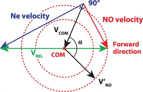 Figure 1. Schematic 2D velocity diagram illustrating how the (collisionally excited) NO molecule velocity vectors are projected on Newton circles around the centre of mass (COM) after scattering with Ne at an angle of 90∘. For a typical NO velocity of 430m/s and Ne velocity of 800m/s, corresponding to a collision energy of ≈410cm−1, the COM-velocity amounts to |VCOM|≈411m/s, and the NO velocity in the COM-frame after elastic scattering is |VNO′|≈363m/s. The angle between VCOM and VNO′ is α=67.1∘ for the forward scattering direction.