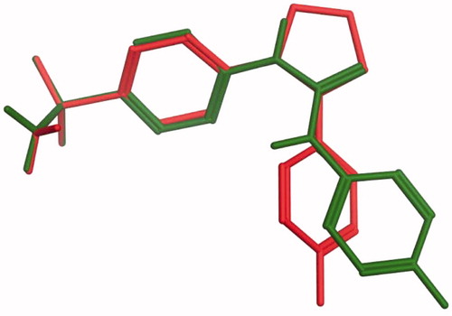 Figure 2. Spatial alignment of compound 5a (green) with its ureido analog 3 (red).