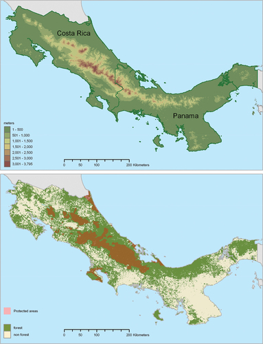 Figure 1. Elevation within the study area of Costa Rica and western Panama (top), and forested (MODIS land cover) and protected areas (bottom) from the world database on protected areas [Citation18].