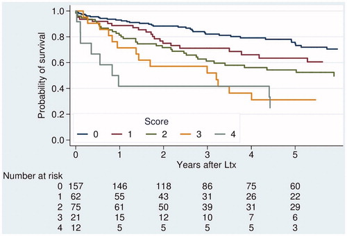 Figure 5. Overall survival after transplantation for HCC, stratified by score combining traditional selection criteria and AFP.