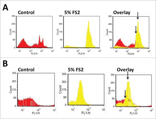 Figure 1. Shown are the levels of ROS using MitoSOX (mitochondrial superoxide indicator) (A) and CM-H2DCFDA (general oxidative stress indicator) (B) without and with 5% FS2 treatment. FS2 leads to an increase in the amount of ROS..