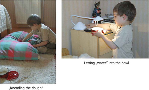 Figure 3. Photographed documentation of the insightful use of objects in a pretend play episode; diary study in a Hungarian family (Szokolszky, Citation2004). The child (F.B., 3.2 years old) was baking bread with the mother the previous day; the next day he pretended to bake bread in the bedroom, using the pillow as “dough” and light coming from a lamp as faucet to get “water.”