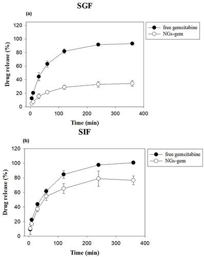 Figure 6 Drug release profile of Free-GEM and NGs-GEM in (a) simulated gastric fluid (SGF) and (b) simulated intestinal fluid (SIF).