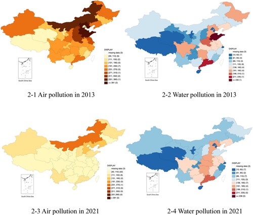 Figure 2. Air and water pollution conditions in 2013 and 2021.Notes. 1. The maps are based on China’s provincial districts. 2. Air and water pollutants are summed up by three major pollutants separately. The darker the colour of the area, the more serious the pollution. Areas without pollution data are shown in white.