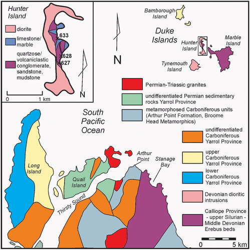 Figure 2. Geological maps of the Stanage Peninsula and Duke Islands in central Queensland showing the location of studied samples from Hunter Island (see inset). Geology after Leitch et al. (Citation1994) and Geological Survey of Queensland (Citation2012). See Figure 1 for location.