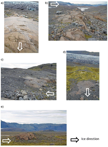 Figure 7. Photographs of the bedforms at Skálafellsjökull: (a) large fluted bedrock (Site 6) (scale 1.5 m across in foreground); (b) fluted area on the stoss side of a roche moutonnée (Site 4) (scale: view width 4 m); (c) flute with streamlined bedrock stoss side with till tail (Site 5) (scale: flute tail maximum height 0.24 m); (d) composite large flute composed of till and rock (Site 7) (scale: view width 3.5 m in foreground); (e) rock-cored drumlin (Site 8) (scale: height 2.1 m, length 7.52 m).