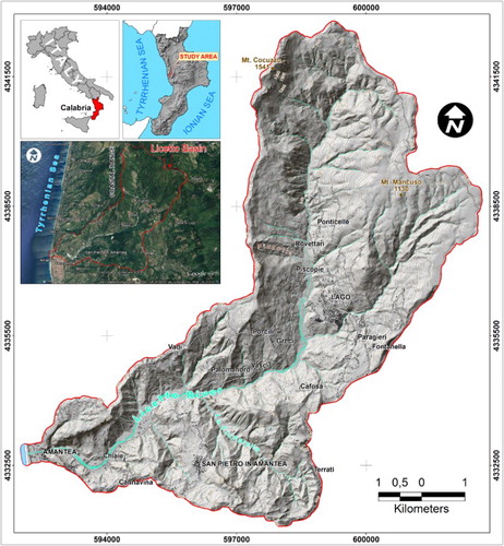 Figure 1. Geographical location and shaded relief map of the study area (Licetto River basin).