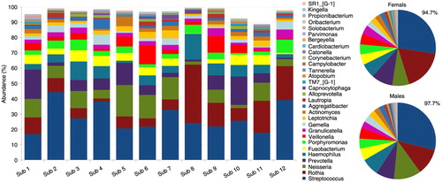 Fig. 3.  Distribution of core genera by subject and gender. The thirty core genera constituted ≥89% of the microbiome in each of the study subjects, 94.7 and 97.7% in females and males, respectively. Ten of these (Streptococcus-Granulicatella in the figure key) accounted for at least 74% of the sequences.