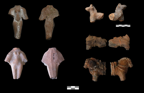 Figure 17. Terracotta figurines. Left: female figurines from the 3rd century stratigraphy; right: horse figurines, from mid-first century stratigraphy (top) and from Temple K (© ISMEO).