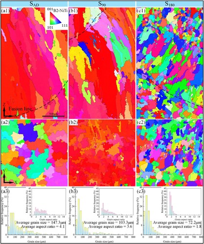 Figure 3. The EBSD of (a1–c1) X-Z and (a2–c2) X-Y planes of SAD, S90, and S180 samples; (a3–c3) Grain size statistics of SAD, S90, and S180 samples.