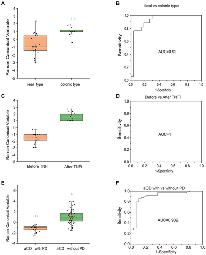 Figure 4 The Raman canonical variable score obtained for aCD patients with different characteristics. Data are shown as box and whisker plots. Each data point represents an individual subject analyzed. Each box represents the median and upper and lower quartiles. Receiver operating characteristic curves of the PCA-SVM classifier to discriminate clinical characteristics. (A and B) ileal type vs colonic type; (C and D) aCD before vs after TNFi; (E and F) aCD with vs without PD.