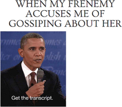 Figure 1. ‘When my frenemy accuses me of gossiping about her’. WSWCM, 20 October 2013.