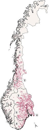 Figure 1. The seven regions considered in this study (1: Nord-Norge; 2: Trøndelag; 3: Innlandet; 4: Østviken; 5: Vestviken; 6: Sørlandet; 7: Vestlandet). Sample plots from the Norwegian National Forest Inventory (n = 2924) are shown as pink points.