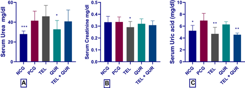 Figure 2 Effect of telmisartan and quercetin alone or in combination on (A) Serum Urea, (B) Serum Creatinine, and (C) Serum Uric Acid; *p<0.05, **p<0.01, and ***p<0.001, significantly different compared to the positive control group using one-way ANOVA followed by Tukey’s multiple comparisons test.