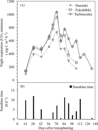 Figure 4. Changes in night respiration (CO2 emission) of rice plants grown in the pots among three rice varieties throughout the experiment period (A). Bars indicate standard deviation (n = 4). The sunshine time on day for CO2 and CH4 fluxes sampling (B).