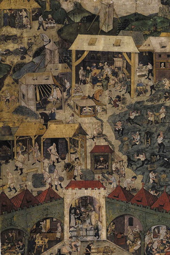 Figure 2. The Kutná Hora silver mines and metallurgical works. Tempera, parchment, 643 mm (height) x 442 mm (width). The image conveys the dynamism of the Central Bohemian site, straddling under- and over-ground activities, and the variety of tools and contraptions for extracting, sifting and manipulating excavated matter. Note the range of people of different statuses occupying the site, including women, men and children, and their protective work apparel. Unknown painter, fifteenth century. By kind permission of GASK: The Gallery of the Central Bohemian Region, Kutná Hora. Digital scan by Aip Beroun, Klementinum