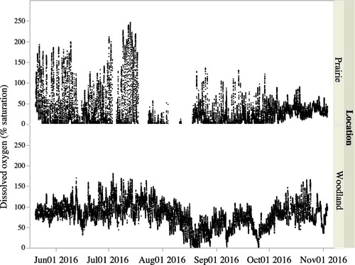 Figure 6. Oxygen saturation levels for the prairie and woodland ponds from May 21 to November 2. Days of missing data in July in the prairie pond are times when the pond level fell below the level of the oxygen probes.