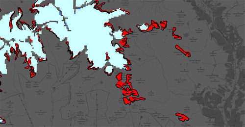 Figure 9. Detail view of a comparison between the extracted results and the official CORINE change layer with black outline. The basemap is copyrighted by OpenStreetMap contributors and available from https://www.openstreetmap.org/.