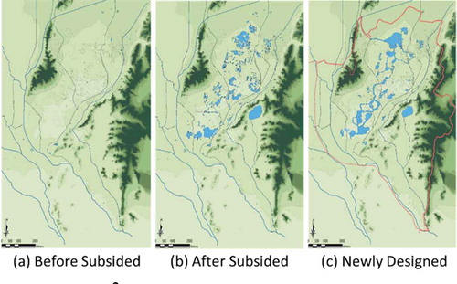 Figure 7. Restoration of 30 km2 of subsided mining area (b) has fundamentally changed the landscape of Huaibei, Anhui Province, China from (a) a city with water resource shortage into (c) a water front city (Wu and Swain Citation2018).