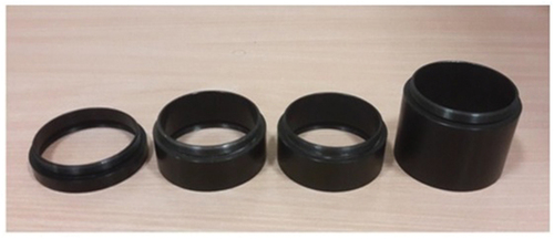 Figure 2. Set of extension rings used during experiments; from the left: 12.7 mm, 30 mm, 30 mm and 60 mm ring.