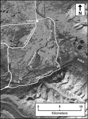 FIGURE 4 Distribution of M. alba on the Matanuska River, east of Anchorage, Alaska. GPS locations of populations found in surveys conducted in 2003 were plotted on LANDSAT imagery obtained 30 July 2002 (image center, latitude 61.5250°N, 149.1167°W).