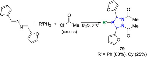 Scheme 48. Reaction of furfural azine with primary phosphines in the presence of acetyl chloride.[Citation137–139]