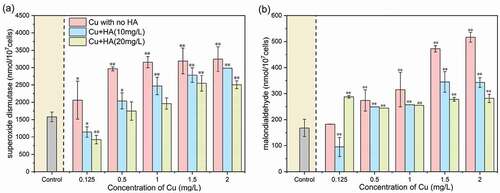 Figure 2. The concentrations of superoxide dismutase (a) and malondialdehyde (b) in C. vulgaris after 96 h of exposure as affected by different Cu and HA concentrations. * and ** mean significantly (p < 0.05) and extremely significantly (p < 0.01), respectively