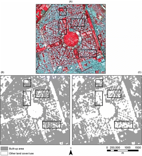 Figure 9. Comparison of the results from the NDBI approach and BAEM at a sample location (A) OLI image in false-colour composite, (B) output from NDBI approach and (C) output from BAEM. (Black rectangles in each panel show the places where the NDBI approach wrongly extracted other land covers as built-up areas.)