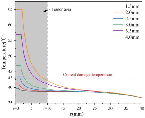 Figure 13. Temperature distribution along the radius from the tumor center under the conditions of f = 90kHz and H0=9kA/m of magnetic media with various diameters.