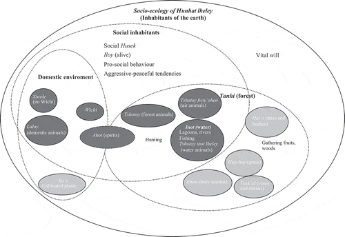 Figure 1. A schematic depiction of socioecology as a cultural ecosystem of the hunhat lheley. Dark ellipses denote social inhabitants. Light grey ellipses denote the plant kingdom. Dotted nodes indicate that categories and environments are the focus of our current investigations.